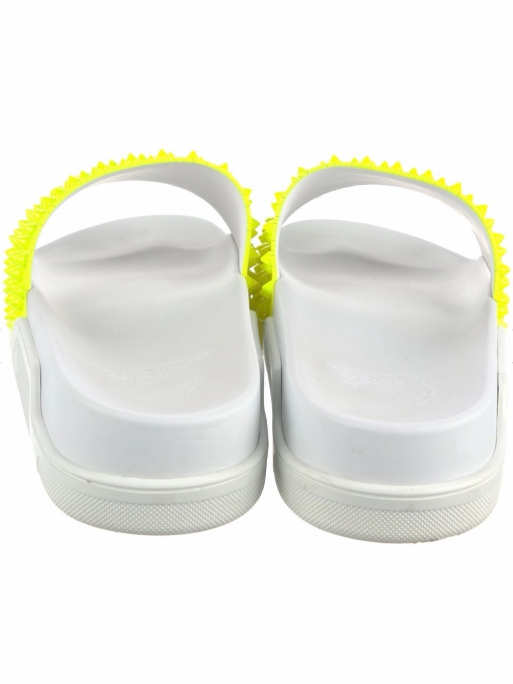 Christian Louboutin White and Neon Yellow Spiked Slide Sandals